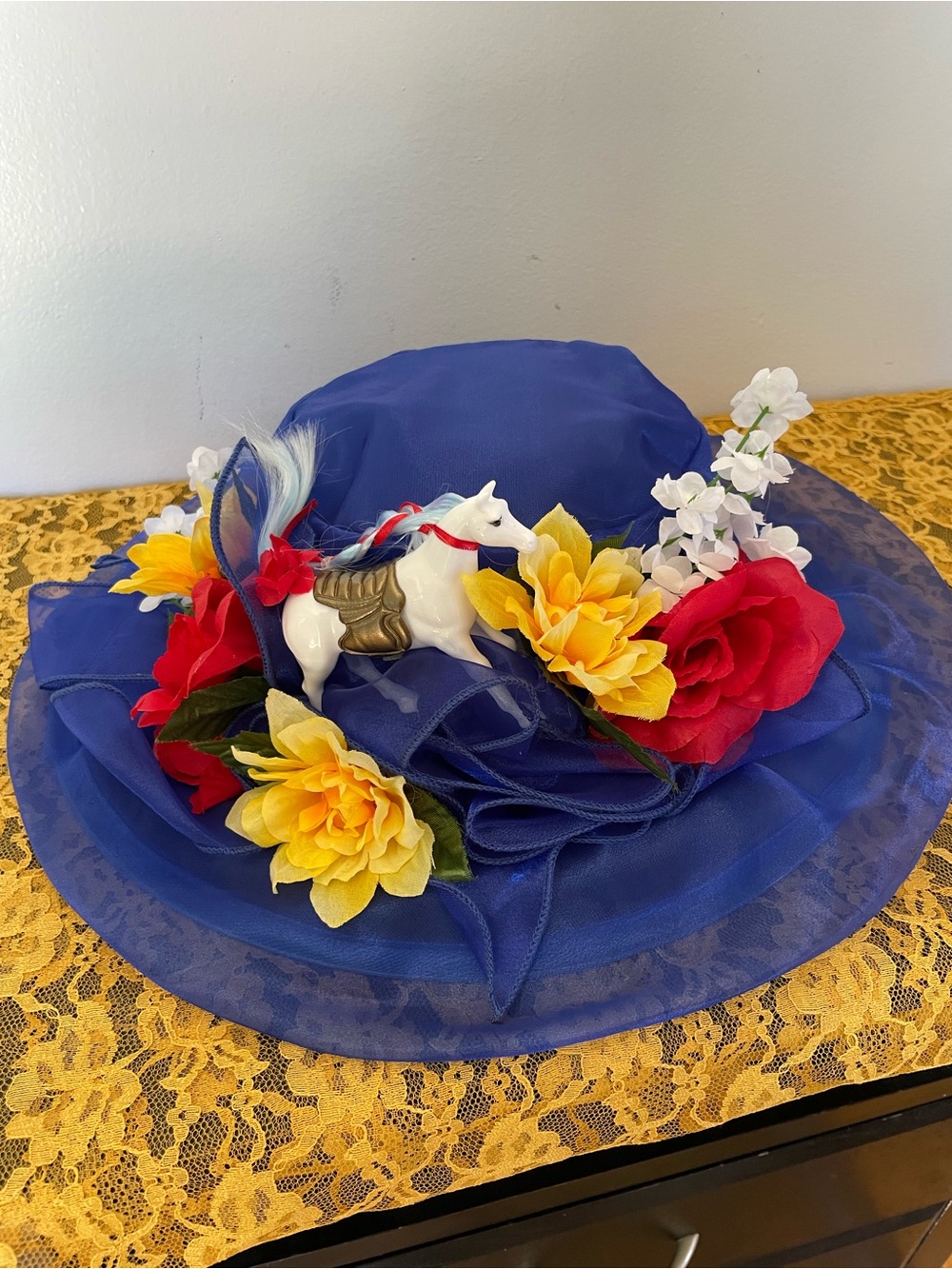 Forbusite Royal Blue Floral Organza Derby Hat with Horse Accent